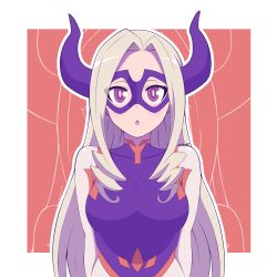 Rule 34 | 10s, 1girl, :o, artsy-rc, blonde hair, blush, bodysuit, boku no hero academia, breasts, domino mask, drill hair, facing viewer, highres, horns, large breasts, long hair, looking at viewer, mask, mount lady, nervous, open mouth, purple eyes, red background, shy, silhouette, simple background, skin tight, solo, tongue, upper body, white background
