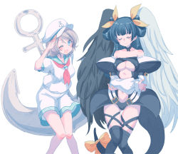 Rule 34 | 2girls, anchor, asymmetrical wings, bad id, bad pixiv id, bare shoulders, blue hair, cosplay, cream (nipakupa), dizzy (guilty gear), dizzy (guilty gear) (cosplay), grey hair, guilty gear, hair ribbon, long sleeves, love live!, love live! sunshine!!, multiple girls, murasa minamitsu, murasa minamitsu (cosplay), ribbon, sailor collar, tail, tail ornament, tail ribbon, touhou, trait connection, tsushima yoshiko, twintails, watanabe you, wings