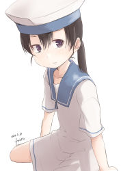 Rule 34 | 1girl, absurdres, black hair, blue collar, collar, dated, dress, fyuo, hat, highres, kantai collection, one-hour drawing challenge, purple eyes, sailor dress, sailor hat, short hair, short sleeves, shounan (kancolle), signature, simple background, solo, twintails, white background, white dress, white hat, white legwear