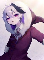 Rule 34 | 1girl, coat, commentary, flower (vocaloid), fur-trimmed coat, fur trim, hood, hood up, hooded coat, looking to the side, multicolored hair, neck ribbon, outstretched arm, parted lips, purple eyes, purple hair, purple ribbon, ribbon, santendot, short hair, snowing, solo, streaked hair, upper body, flower (vocaloid4), vocaloid, white hair