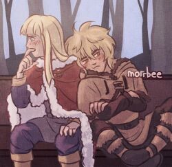 Rule 34 | 2boys, artist name, belt, blonde hair, blue eyes, blush, boots, brown eyes, canute, cloak, closed mouth, covered mouth, crossed arms, fur trim, hair between eyes, highres, hood, leaning, leaning on person, leaning to the side, male focus, morrbee, multiple boys, outdoors, prince, profile, red cloak, sidelocks, sitting, thorfinn, tree, viking, vinland saga, yaoi