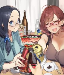 Rule 34 | 2girls, 92m, alcohol, beer, beer can, blue eyes, bottle, breasts, breasts apart, brown hair, can, cleavage, drink can, food, glasses, highres, japanese clothes, kinshi no ane (92m), large breasts, looking at viewer, multiple girls, open mouth, original, ponytail, short hair, smile