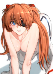 Rule 34 | 1girl, all fours, blue eyes, bodysuit, breasts, cleavage, clenched teeth, collarbone, convenient arm, evangelion: 3.0+1.0 thrice upon a time, eyepatch, hair ornament, highres, long hair, looking at viewer, medium breasts, neon genesis evangelion, one eye covered, orange hair, parted lips, plugsuit, rebuild of evangelion, simple background, solo, souryuu asuka langley, teeth, topless, very long hair, white background, white bodysuit, yamauchi (conan-comy)