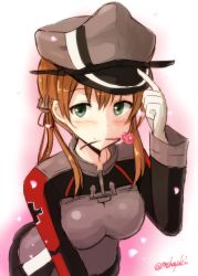 Rule 34 | 10s, 1girl, anchor hair ornament, black skirt, blonde hair, blush, flower, flower in mouth, gloves, green eyes, hair ornament, hand on headwear, hat, kantai collection, long hair, long sleeves, mashayuki, military, military uniform, mouth hold, peaked cap, prinz eugen (kancolle), skirt, smile, solo, twintails, twitter username, uniform, white gloves