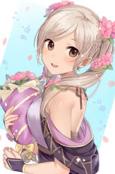 Rule 34 | 1girl, bare shoulders, blue background, bouquet, breasts, brown eyes, fire emblem, fire emblem awakening, fire emblem heroes, flower, from side, hair flower, hair ornament, haru (nakajou-28), highres, holding, holding bouquet, long hair, looking at viewer, looking to the side, medium breasts, nintendo, official alternate costume, pink flower, robin (female) (fire emblem), robin (female) (valentine) (fire emblem), robin (fire emblem), smile, solo, twintails, upper body, white flower, white hair