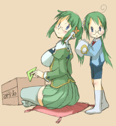 Rule 34 | 1boy, 1girl, age difference, blue eyes, blush, box, breasts, brother and sister, cushion, glasses, green hair, hair ornament, homeko, homeo, indoors, large breasts, long hair, os-tan, ponytail, shorts, siblings, size difference, socks, thighhighs, translated, xp home-tan, xphome, xppro