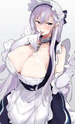 Rule 34 | 1girl, absurdres, apron, azur lane, bare shoulders, belfast (azur lane), blush, braid, breasts, broken, broken chain, chain, choker, cleavage, collar, cum, cum in mouth, cum on body, cum on breasts, cum on upper body, cumdrip, french braid, frilled gloves, frills, from above, gloves, gradient background, hair behind ear, hair between eyes, hair ribbon, highres, large breasts, long hair, maid, maid apron, maid headdress, make maketan, open mouth, purple eyes, purple hair, ribbon, sidelocks, solo, tongue, tongue out, very long hair, white apron, white gloves