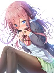 Rule 34 | 1girl, bandaid, bandaid on hand, black jacket, blazer, blue cardigan, blue eyes, blush, box, brown hair, brown pantyhose, cardigan, commentary request, gift, gift box, go-toubun no hanayome, green skirt, hair between eyes, headphones, headphones around neck, heart-shaped box, holding, holding gift, jacket, long sleeves, looking at viewer, matokechi, nakano miku, nose blush, open clothes, open jacket, pantyhose, parted lips, pleated skirt, simple background, skirt, sleeves past wrists, solo, valentine, white background
