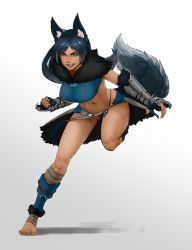 Rule 34 | absurdres, animal ears, blue eyes, blue hair, borrowed character, breasts, clenched hand, facing viewer, fingerless gloves, gloves, gluteal fold, gradient background, gradient hair, green eyes, grey background, grey fur, heterochromia, highres, large breasts, less, long hair, looking at viewer, multicolored hair, navel, no shoes, open hand, panties, running, shadow, smile, smirk, solo, sports bra, standing, standing on one leg, tail, toned, underboob, underwear, weapon, white background, wolf ears, wolf tail