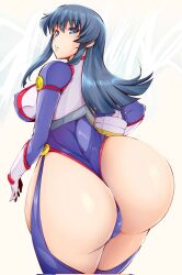 Rule 34 | 1girl, aqua eyes, ass, ass focus, blue hair, blue leotard, blue thighhighs, breasts, butt crack, closed mouth, covered erect nipples, cowboy shot, curvy, from behind, fujimura shizuru, gloves, helmet, highleg, highleg leotard, highres, holding, holding helmet, huge ass, impossible clothes, large breasts, leotard, long hair, looking at viewer, looking back, pilot suit, shinkon gattai godannar!!, shiny clothes, shiny skin, shippu-fx, skin tight, skindentation, solo, standing, thighhighs, thong leotard, very long hair, white background, wide hips