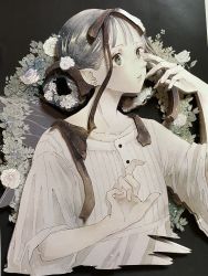 Rule 34 | 1girl, black background, black eyes, brown ribbon, earrings, flower, grey hair, hands up, highres, jewelry, leaf, long sleeves, original, parted lips, photo (medium), pointy ears, ribbon, shadow, shirt, solo, toaruocha, unconventional media, upper body, white flower, white shirt