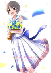 Rule 34 | 1girl, :d, blush, bouquet, confetti, dated, dress, flower, frills, hair ornament, happy birthday, highres, holding, holding bouquet, idolmaster, idolmaster cinderella girls, idolmaster cinderella girls starlight stage, looking at viewer, open mouth, otokura yuuki, short hair, smile, solo, standing, white dress, wristband, yuki (7thphoneme)