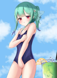 Rule 34 | 1girl, alternate hairstyle, blue hair, blue one-piece swimsuit, blue sky, blunt bangs, blush, bow, closed mouth, colored tips, competition school swimsuit, covering privates, covering breasts, covering crotch, flat chest, frown, green hair, hair bow, hair ornament, highres, hololive, looking at viewer, multicolored hair, new school swimsuit, one-piece swimsuit, ponytail, pu lona, red eyes, school swimsuit, sidelocks, skull hair ornament, sky, solo, spaghetti strap, summer, swimsuit, tropical drink, uruha rushia, virtual youtuber