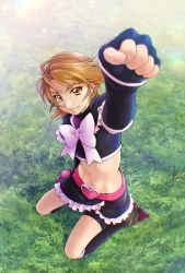 Rule 34 | 1girl, aizen (syoshiyuki), bike shorts, black capelet, black gloves, black shirt, black skirt, black sleeves, bow, brown eyes, brown hair, capelet, commentary request, crop top, cure black, detached sleeves, earrings, fingerless gloves, fist pump, foreshortening, full body, futari wa precure, gloves, grass, groin, hair between eyes, heart, heart earrings, highres, jewelry, leg warmers, lens flare, looking at viewer, magical girl, midriff, misumi nagisa, navel, pink bow, precure, red footwear, ribbon, seiza, shirt, shoes, short hair, shorts, shorts under skirt, sidelocks, sitting, skirt, sleeveless, sleeveless shirt, smile, solo, swept bangs