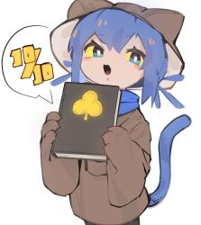 Rule 34 | 1other, :o, androgynous, animal ears, animal hands, animal hat, blue eyes, blue hair, blue scarf, book, brown hat, brown shirt, cat ears, cat hat, colored sclera, cowboy shot, fake animal ears, gloves, hat, highres, holding, holding book, jianpan xiafang de da kongge, looking at viewer, niko (oneshot), oneshot (game), open mouth, paw gloves, scarf, shirt, simple background, solo, white background, yellow sclera