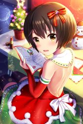 Rule 34 | 1girl, alternative girls, bare back, blush, bow, brown hair, dress, hair ribbon, highres, holding, holding paper, indoors, looking at viewer, looking back, official art, open mouth, paper, red dress, ribbon, short hair, sitting, snowman, solo, tachibana naomi, tears, white bow, yellow eyes