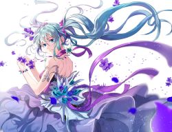 Rule 34 | 1girl, bad id, bad pixiv id, blue eyes, blue hair, bracelet, choker, ddaomphyo, dress, floating hair, flower, from behind, hair between eyes, hair ornament, hair scrunchie, hatsune miku, head tilt, jewelry, long hair, looking at viewer, looking back, parted lips, purple dress, purple flower, purple ribbon, purple scrunchie, ribbon, ribbon choker, scrunchie, sleevless dress, smile, solo, strapless, strapless dress, twintails, very long hair, vocaloid, white background
