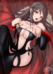 Rule 34 | 1girl, absurdres, artist name, bare shoulders, black choker, blood, blood from mouth, blood on chest, blood trail, blush, breasts, brown hair, choker, cleavage, fangs, fate/grand order, fate (series), groin, highres, long hair, looking at viewer, medium breasts, multiple piercings, open mouth, red eyes, sato art, solo, thighs, twitter username, wide sleeves, yu mei-ren (fate)