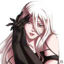Rule 34 | 1girl, a2 (nier:automata), artist name, bare shoulders, black gloves, black tank top, blue eyes, elbow gloves, gloves, hair between eyes, long hair, looking at viewer, mole, mole under mouth, nier:automata, nier (series), own hands together, silver hair, simple background, solo, tank top, torn clothes, torn tank top, upper body, white background, yellow nicky