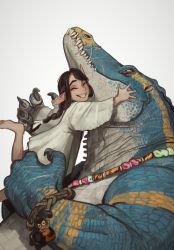Rule 34 | 1girl, 1other, black hair, braid, child, claws, closed eyes, dress, elf, from side, furry, highres, hug, jewelry, lizardman (warhammer fantasy), long hair, long sleeves, monster, mossacannibalis, necklace, pointy ears, simple background, smile, warhammer fantasy, white background, white dress, wristband