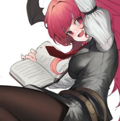 Rule 34 | 1girl, :d, arm up, belt, black pantyhose, black skirt, black vest, blush, book, breasts, brown belt, commentary, demon wings, fang, hair intakes, head tilt, head wings, heoningu, highres, holding, holding book, juliet sleeves, koakuma, large breasts, long hair, long sleeves, looking at viewer, miniskirt, necktie, open mouth, pantyhose, puffy sleeves, red eyes, red hair, red necktie, shirt, simple background, skin fang, skirt, skirt set, smile, solo, symbol-only commentary, taut clothes, taut vest, thighs, touhou, vest, white background, white shirt, wings