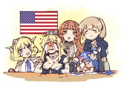Rule 34 | 5girls, black gloves, blonde hair, blue eyes, blue neckwear, braid, breasts, brown eyes, brown hair, capelet, closed eyes, colorado (kancolle), commentary, crying, dongsa wonhyong, dress, elbow gloves, english commentary, garrison cap, gloves, grey headwear, hat, headgear, helena (kancolle), helena kai (kancolle), intrepid (kancolle), iowa (kancolle), kantai collection, large breasts, long hair, long sleeves, multiple girls, necktie, open mouth, shirt, short hair, short sleeves, side braids, sleeveless, smile, south dakota (kancolle), streaming tears, sweatdrop, tears, white shirt