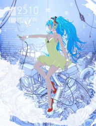 Rule 34 | 1girl, arm at side, bare shoulders, blue eyes, blue hair, breasts, choker, closed mouth, collarbone, covered navel, dress, from side, full body, hair ornament, hand up, hatsune miku, headphones, high heels, highres, holding, holding microphone, jian jiao doufu rou mantou, long hair, microphone, pinky out, profile, red footwear, shoes, short dress, sleeveless, sleeveless dress, small breasts, smile, solo, spaghetti strap, standing, standing on one leg, twintails, vocaloid, white choker, wristband, yellow dress