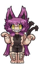 Rule 34 | 1other, animal ears, boots, bright pupils, cape, cat ears, cat tail, cross-laced clothes, cross-laced footwear, forked tail, grin, grintale, hair ornament, hands up, highres, legs together, long sleeves, multicolored hair, murasakigezi, palworld, pants, paw pose, personification, purple cape, purple hair, sharp teeth, short hair, simple background, smile, solo, standing, tail, tail raised, teeth, two-tone hair, two-tone pants, two-tone shirt, white background, white pupils, x hair ornament, yellow eyes