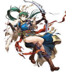 Rule 34 | 1girl, arrow (projectile), boots, bow (weapon), brown footwear, earrings, female focus, fire emblem, fire emblem: the blazing blade, fire emblem heroes, full body, green eyes, green hair, highres, holding, holding bow (weapon), holding weapon, injury, jewelry, long hair, lyn (fire emblem), matching hair/eyes, nintendo, non-web source, official art, ponytail, quiver, ryona, solo, sword, torn clothes, transparent background, wada sachiko, weapon