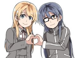 Rule 34 | 10s, 2girls, ayase eli, bespectacled, blonde hair, blue eyes, blue hair, clipe, glasses, heart, heart hands, long hair, looking at viewer, love live!, love live! school idol project, multiple girls, simple background, sonoda umi, white background