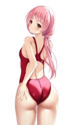 Rule 34 | 1girl, absurdres, ass, breasts, brown eyes, commentary request, competition swimsuit, from behind, hand on own ass, highleg, highleg swimsuit, highres, kurama koharu, long hair, looking at viewer, looking back, low ponytail, ncontrail (mgax7527), one-piece swimsuit, pink hair, red one-piece swimsuit, senren banka, simple background, small breasts, solo, standing, swimsuit, white background
