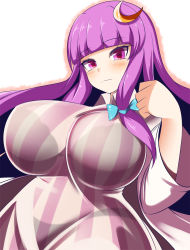 Rule 34 | 1girl, blunt bangs, breasts, crescent, crescent hat ornament, dress, gero zoukin, hat, hat ornament, highres, large breasts, long hair, mob cap, patchouli knowledge, purple eyes, purple hair, purple hat, simple background, solo, striped clothes, striped dress, touhou, very long hair, white background