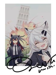 Rule 34 | 2girls, ahoge, animal ears, arknights, text background, black coat, black hair, black necktie, black pants, black suit, border, building, business suit, closed eyes, closed mouth, cloud, cloudy sky, coat, commentary request, controller, cowboy shot, crossed bangs, detonator, explosion, fangs, fence, field, food, food in mouth, formal, group picture, hair ornament, hairclip, half-closed eyes, hand in pocket, highres, holding, holding remote control, kaleka, lappland (arknights), leaning tower of pisa, long sleeves, looking at viewer, loose necktie, messy hair, multiple girls, necktie, open mouth, pants, picture frame, pleated shirt, pocky, pocky in mouth, pointing, remote control, scar, scar across eye, sharp teeth, shirt, sidelocks, signature, sky, smile, standing, suit, teeth, texas (arknights), tower, upper teeth only, white border, white hair, white shirt, wolf ears, wolf girl, yellow eyes
