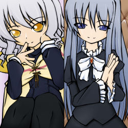 Rule 34 | 00s, 2girls, anzelotte, bell zephyr, black dress, blue eyes, bow, bowtie, brooch, cowboy shot, dress, gem, jewelry, long sleeves, looking at viewer, lowres, multiple girls, night wizard, silver hair, smile, white bow, white bowtie, yellow eyes