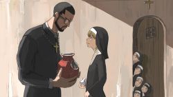 Rule 34 | 1boy, 6+girls, age difference, baseball, beard, black hair, blonde hair, blue eyes, broken, brown hair, clumsy nun (diva), cowboy shot, cross, cross necklace, diva (hyxpk), door, facial hair, father (diva), flat chest, from side, frown, glasses, habit, height difference, highres, jewelry, latin cross, little nuns (diva), long sleeves, looking at another, multiple girls, mustache, necklace, nun, opaque glasses, original, peeking, peeking out, priest, round eyewear, spicy nun (diva), sweat, sweatdrop, tearing up, traditional nun, vase, wall, wooden door