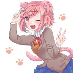 Rule 34 | 1girl, ;d, animal ears, blue skirt, cat ears, cat tail, collaboration, commentary, doki doki literature club, double v, english commentary, grey jacket, jacket, janineuy09, kemonomimi mode, looking at viewer, natsuki (doki doki literature club), one eye closed, open mouth, pink eyes, pink hair, pleated skirt, plusxplay2, school uniform, simple background, skirt, smile, solo, tail, v, white background