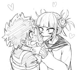 Rule 34 | 1boy, 1girl, absurdres, bad id, bad pixiv id, bags under eyes, blunt bangs, blush, boku no hero academia, breath, commentary, double bun, english commentary, eye contact, eyebrows hidden by hair, fangs, full-face blush, grabbing another&#039;s chin, greyscale, hair bun, hand on another&#039;s chin, hand on another&#039;s shoulder, heart, heavy breathing, highres, hongga, long sleeves, looking at another, messy hair, midoriya izuku, monochrome, neckerchief, open mouth, restrained, sailor collar, saliva, saliva trail, sidelocks, simple background, sweatdrop, teeth, toga himiko, tongue, tongue out, u.a. gym uniform, white background