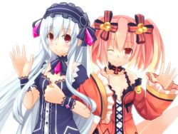 Rule 34 | 2girls, alyn (fairy fencer f), bare shoulders, bow, breasts, crossed arms, dress, fairy fencer f, frills, hairband, himajin (starmine), lolita hairband, long hair, multiple girls, one eye closed, red eyes, red hair, ribbon, skirt, small breasts, smile, tiara (fairy fencer f), twintails, waving, white hair
