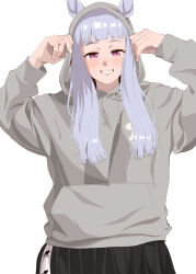 Rule 34 | 1girl, absurdres, animal ears, arms up, black shorts, blush, commentary request, cowboy shot, ears through hood, gold ship (umamusume), grey hair, grey hoodie, grin, highres, hood, hoodie, horse ears, horse girl, kumabachi315, long hair, long sleeves, looking at viewer, purple eyes, shorts, simple background, smile, solo, umamusume, white background