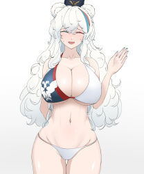 Rule 34 | 1girl, absurdres, animal ears, arknights, baron kinoko, bear ears, bear girl, blue hair, breasts, cleavage, closed eyes, embarrassed, highres, large breasts, long hair, multicolored hair, navel, nervous smile, nervous sweating, open mouth, red hair, rosa (arknights), smile, solo, standing, sweat, waving, white fur, white hair