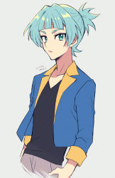 Rule 34 | 1boy, :o, blue hair, casual, cropped jacket, cropped legs, green eyes, jacket, looking at viewer, male focus, mikami (mkm0v0), open clothes, open jacket, shiun&#039;in sora, solo, yu-gi-oh!, yu-gi-oh! arc-v