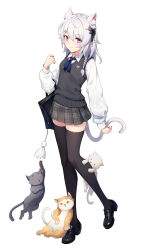 Rule 34 | 1girl, absurdres, animal ears, ar (3779609928), black bag, black cat, black footwear, black thighhighs, blue ribbon, braid, cat, cat ears, cat girl, cat tail, closed mouth, collared shirt, commentary request, full body, grey jacket, hand up, highres, jacket, long hair, long sleeves, neck, original, plaid, plaid skirt, pleated skirt, purple eyes, ribbon, school uniform, shirt, shoes, side braid, simple background, skirt, smile, solo, standing, tail, thighhighs, white background, white cat, white hair, white shirt, yellow cat, zettai ryouiki
