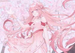 Rule 34 | 1girl, blurry, blurry background, bracelet, bug, butterfly, cherry blossoms, copyright request, dress, highres, insect, jewelry, light smile, long hair, looking at viewer, outdoors, pink dress, pink hair, purple eyes, solo, suzuho hotaru, tree, twitter username