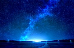 Rule 34 | blue theme, commentary request, field, galaxy, highres, horizon, milky way, mks, mountainous horizon, night, night sky, no humans, original, outdoors, power lines, road, scenery, sky, star (sky), starry sky, utility pole