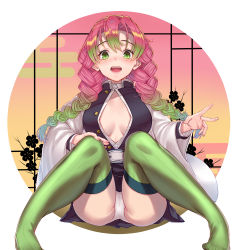 Rule 34 | 1girl, :d, absurdres, arl, belt, black jacket, black skirt, blush, braid, breasts, cleavage, commentary request, gradient hair, green eyes, green hair, green thighhighs, hand on own knee, highres, jacket, kanroji mitsuri, kimetsu no yaiba, knees up, large breasts, long sleeves, looking at viewer, mole, mole under eye, multicolored hair, no bra, open clothes, open jacket, open mouth, panties, pantyshot, pink hair, sitting, skirt, smile, solo, striped clothes, striped thighhighs, thighhighs, thighs, twin braids, twintails, underwear, upskirt, v, vertical-striped clothes, vertical-striped thighhighs, white panties