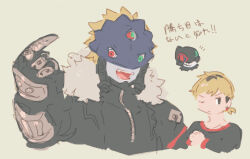 Rule 34 | beelzebumon, black eyes, blonde hair, digimon, digimon survive, dracumon, looking at viewer, one eye closed, open mouth, shinonome kaito, smile, translation request, wink