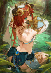 Rule 34 | 1girl, absurdres, aranara (genshin impact), arms up, back, back tattoo, bare back, bare shoulders, barefoot, circlet, covered mouth, genshin impact, green eyes, hand in own hair, highres, horns, long hair, long sleeves, looking at viewer, looking back, nilou (genshin impact), parted bangs, puffy long sleeves, puffy sleeves, red hair, revision, signature, solo, tattoo, thighlet, vambraces, veil, water, xude