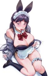 Rule 34 | 1girl, absurdres, animal ears, apron, apron lift, banned artist, black footwear, black leotard, black socks, blush, bow, breasts, bridal garter, brown eyes, cleavage, clothes lift, commentary request, detached collar, fake animal ears, fingernails, highres, kamiyama aya, kneehighs, large breasts, leotard, lifted by self, long hair, maid, maid headdress, mole, mole under eye, off shoulder, original, playboy bunny, purple hair, rabbit ears, red bow, red neckwear, revision, scarf, shiny skin, simple background, sitting, socks, solo, sweat, thigh scrunchie, tongue, tongue out, white apron, white background, white scarf