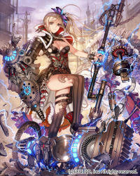 Rule 34 | 1girl, :|, ahoge, bad id, bad pixiv id, belt, blonde hair, breasts, building, castle, chain, cleavage, closed mouth, dragon&#039;s shadow, drill, electricity, flower, gears, grey eyes, hair flower, hair ornament, hammer, holding, holding weapon, legband, machinery, mechanical arms, official art, outdoors, ruins, side ponytail, solo, sparkle, steampunk, striped clothes, striped thighhighs, thighhighs, watch, watermark, weapon, wrist cuffs, wristwatch, yna