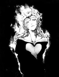 Rule 34 | 1boy, bare shoulders, black background, burning, closed mouth, clothing cutout, collarbone, curly hair, earrings, eyelashes, fire, frown, giorno giovanna, greyscale, hair between eyes, head tilt, heart cutout, highres, jewelry, jojo no kimyou na bouken, long hair, looking at viewer, male focus, monochrome, necklace, pinggup, simple background, solo, upper body, vento aureo
